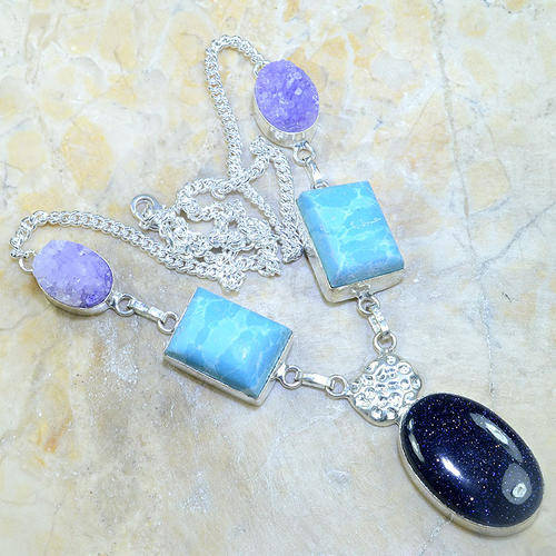 SUN SITARA+DRUSY DRUZY+HOWLITE SILVER NECKLACE 21"